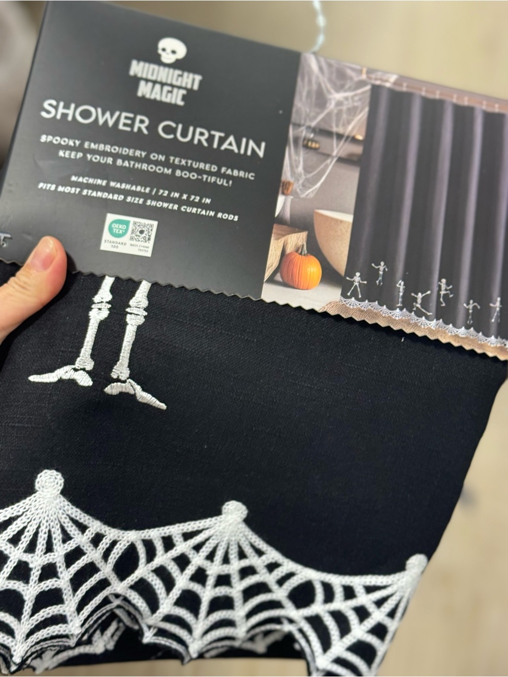 Black Spiderweb & Skeleton Embroidered Shower Curtain